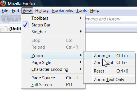 Cursor pointing to Firefox zoom-in menu