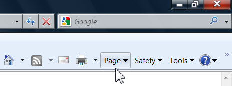 Cursor pointing to IE page menu