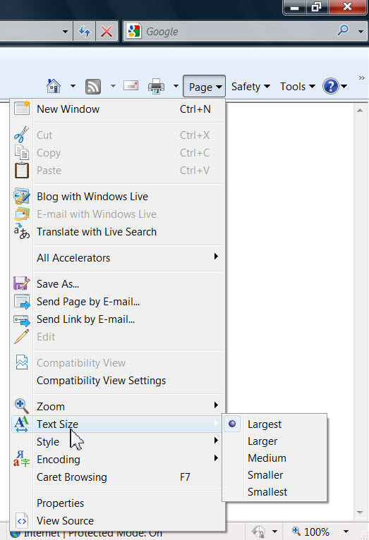 Cursor pointing to IE text size menu